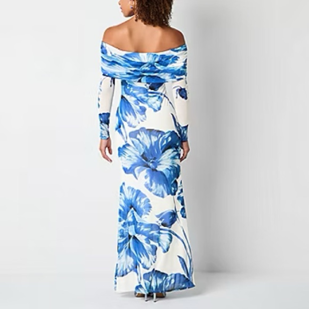 Elegant Floral Off-Shoulder Dress (Blue & White) - Picture 3 of 4